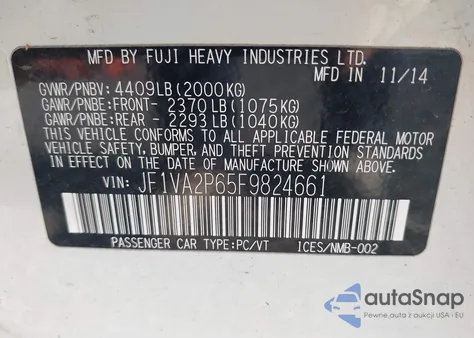 2015 Subaru Wrx Sti z USA, uszkodzony, nr VIN JF1VA2P65F9824661